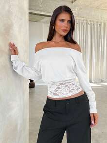 Aloruh Solid Color Lace Patchwork Asymmetric Collar Elegant Long Sleeve T-Shirt White Lace Top White Long Sleeve Top - White - View 6