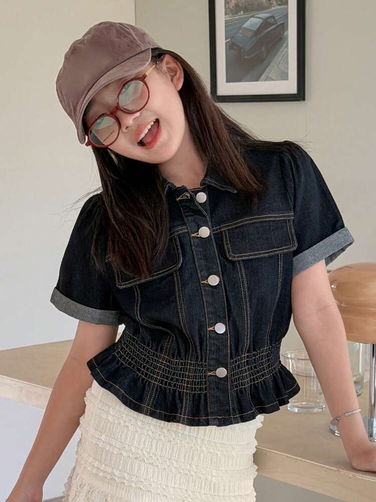 Tween Girls Korean Style Collared Short Sleeve Denim Shirt