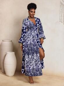 BamGleam Women's Geometric Print Lapel Single-Breasted Split Elegant Waist Dress For Party - Blue and White - View 7