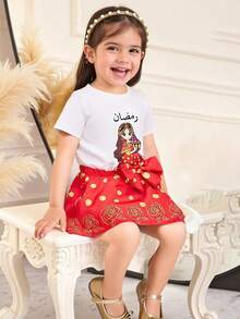 Baby Girl Spring/Summer 2-Piece Set: Cute Cartoon Girl Print Knit Round Neck Short Sleeve T-Shirt And Faux Foil Rose Floral Polka Dot Print Pleated Hem Skirt, Burgundy - Burgundy - View 7