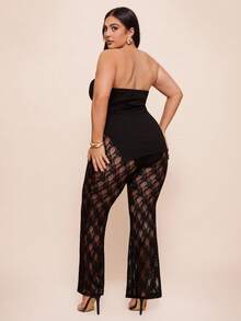 SHEIN BAE Plus Size Women's & Elegant Black Lace 2-Piece Set,Bandeau Top & Flare Pants,Summer Formal Evening Night Out Club Outfit,Wedding Guest,Curve Set - Black - View 6