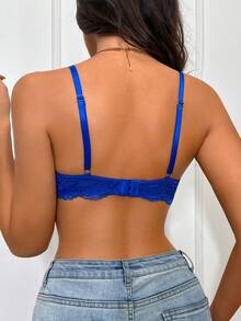 DesireSculpt 1 pieza Sujetador de mujer con encaje y parches de unicolor con aros - Azul - Ver 2