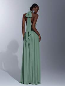 Elitara 优雅浪漫时尚的绿色亮片刺绣雪纺拼接露背蝴蝶结A字连衣裙，优雅派对礼服，婚礼宾客礼服，绿色长款连衣裙，时尚优雅的伴娘礼服 - 綠色 - 查看 2