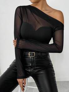 Airlisse 女士露肩百搭时尚返校休闲T恤，秋季款 - 黑色 - 查看 4