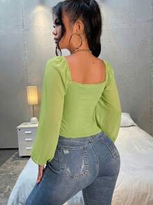 SHEIN SXY Spring/Summer Sweetheart Neckline Tie Front Green Long-Sleeved Chiffon Blouse - Green - View 2