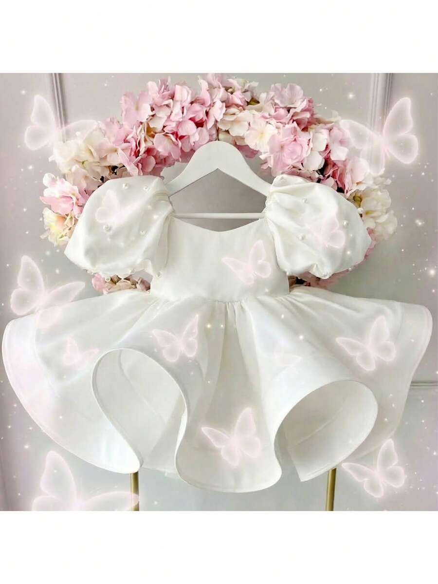 This Gorgeous And Elegant Princess Dress Is Designed Specifically For Little Girls. Made Of White Satin, It Features Adorable Puff Sleeves Adorned With Delicate Beading. Absolutely Adorable, It's The Perfect Choice For Birthday Parties, Holiday Celebrations, Banquets, And Other Occasions-Definitely The Princess Dress Your Little One Has Always Dreamed Of! - White - View 1