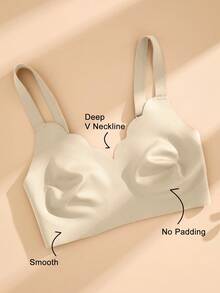 SHEIN 1pc Seamless Minimalist Wavy Edge Solid Color No Underwire Push Up Full Coverage Women Bra - Beige - View 4
