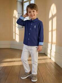 PrepCrw Áo sơ mi dài tay cài cúc phía trước, thêu logo dành cho bé trai, kiểu dáng sinh viên. - Màu xanh lam - Xem 1