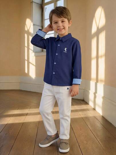 PrepCrw Young Boys' Logo Embroidered Button-Front Long Sleeve Shirt, Collegiate Style