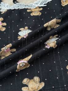 Teen Girls Spring & Summer Valentine's Day, Home, Clean Girl/American BM Style, Lace Trim Bow Bear Pattern Camisole And Shorts Set - Black - View 6