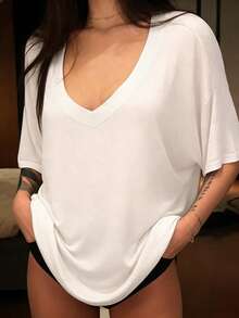 INAWLY Women's Solid Color V-Neck Casual Versatile Short Sleeve Top - White - View 2