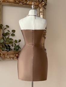 Lovelzi 优雅棕色无肩带串珠链条装饰针织派对礼服 - 棕色 - 查看 3