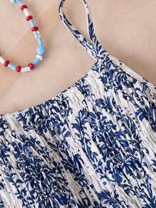 Sparklyn 两件套少女优雅休闲度假风印花吊带背心和直筒裤套装，图腾波西米亚图案，轻盈梭织面料，抽绳腰带设计，适合假日旅行和休闲穿着。 - 藍色 - 查看 5