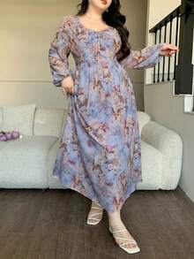 Dazy Plus V-Neck Floral Print Lantern Sleeve Tie-Waist Dress, Vacation Style, Spring/Summer - Teal Blue - View 7