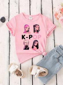 SHEIN Young Girl Graphic Print Casual Round Neck Short Sleeve T-Shirt - Pink - View 3