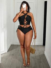 Slaydiva Plus Size Women Beach Vacation Solid Color Halter Hollow Out Tie Front 2 Pieces Swimsuit - Black - View 5