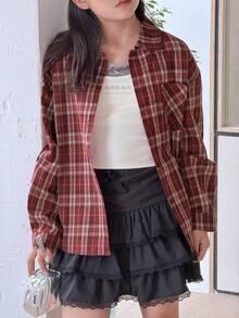 DAZY Tween Girl Fall Clothes Turndown Collar Plaid Long Sleeve Casual Shirt Spring - Red - View 3