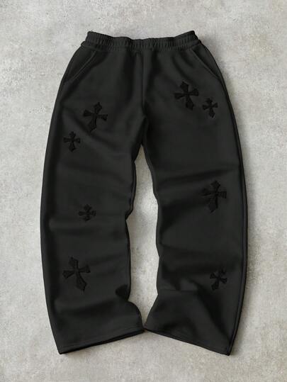 PAVTROS Men's Street-Style Popular INS Matching Cross Embroidered Full-Print Casual Sweatpants, Outdoor Music Festival, Nightclub Bar, Boyfriend/Husband Gift, Anniversary Gift, White Loose Fit Black Graphic Sweat Pants Spider Sweatpants Sweat Pants For Men Y2k Sweatpants Men Goth Sweatpants