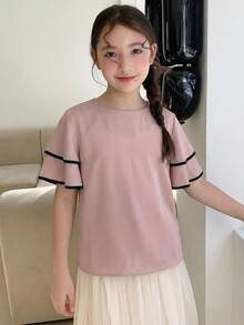 Dazy Kids Tween Girls' Round Neck Ruffle Trim Loose Casual Shirt