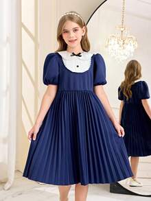 SHEIN Elegant Princess Style Tween Girl Dress, White Textured Fabric With Blue Contrast, Classic Academic Design, Pearl Bow Decor Collar, Puff Short Sleeve Waisted Pleated Midi Dress - Navy Blue - View 6