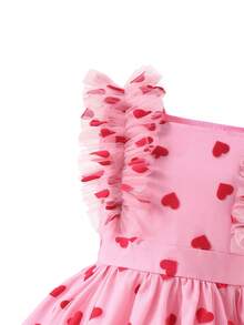 1pc Girls' Heart Flocked & Mesh Waist Cinched Dress, Suitable For Daily And Vacation Wear, Summer - Multicolor - View 4