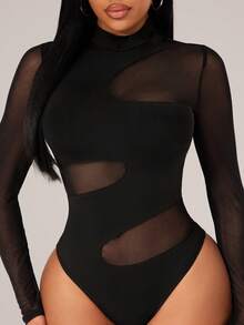 Radiana Bộ đồ liền thân nữ gợi cảm phối lưới không đều, cổ cao, tay dài, màu đen xuyên thấu, chất liệu lưới, tay dài, cổ cao, ôm sát, vải dệt kim co giãn, tôn dáng, phù hợp cho buổi tối, tiệc tùng, câu lạc bộ, hộp đêm, tiệc cocktail, lễ kỷ niệm, lễ hội âm nhạc, trang phục ngày lễ. - màu đen - Xem 8