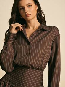 Poéselle Women's Fashion Striped Button Long Sleeve Mini Dress,Women's Bubble-Hem Dress,Women's Winter Dress ,Christmas Dress,New Year Dress,Elegant Dresses For Women,Casual Dresses For Women,Brown Dress For Women,Suitable For Daily Wear, Party,Going Out, Commuting,Fall/Winter - Brown - View 3
