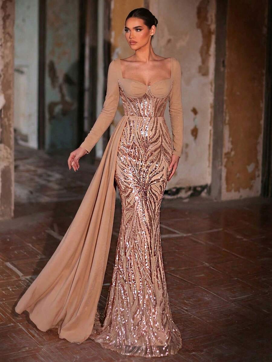 Aureia 优雅奢华的串珠亮片花卉拼接弹力针织美人鱼长裙，侧开衩长袖，适合婚礼、派对、度假、盛大晚宴等场合（重工装饰） - 卡其色 - 查看 1