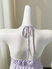 Elamini Yellow Ditsy Floral Hollow V-Neck Sexy Backless Camisole Top, Sweet & Charming, Spring/Summer - Purple - View 3