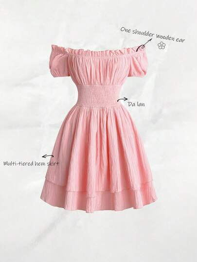 Olithes Off Shoulder Frilled Shirred Waist Puff Sleeve Layered Hem Milkmaid Dress Vacation Beach Outfits Women