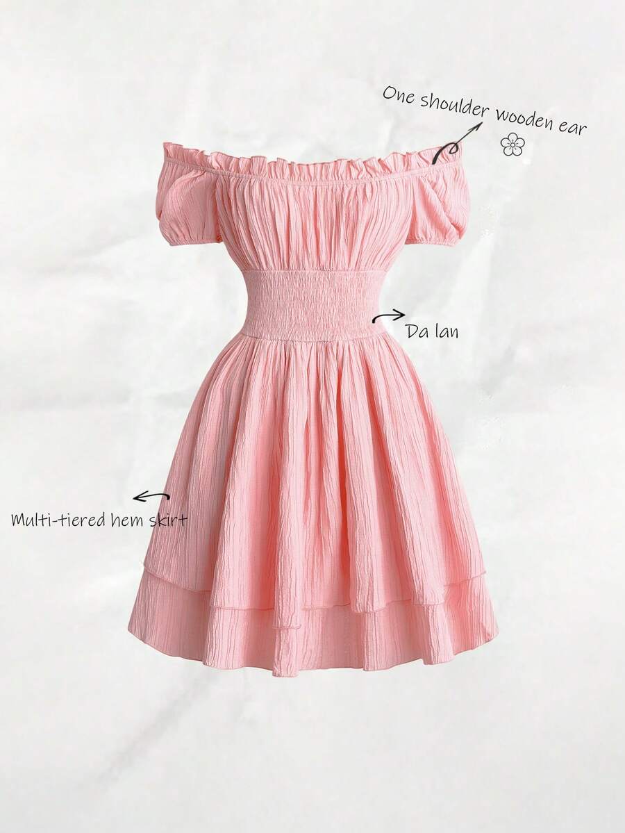 Olithes Off Shoulder Frilled Shirred Waist Puff Sleeve Layered Hem Milkmaid Dress Vacation Beach Outfits Women Summer Dresses For Women Tiered Hem Dress Off Shoulder Summer Dress Feminine Dress Smocked Women Dress - Pink - View 1