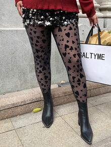 GalTyme سروال ضيق نسائي مطبوع بشبكة قلب، مناسب للاستخدام في العطلات، مقاس كبير - الأسود - مشاهدة 5