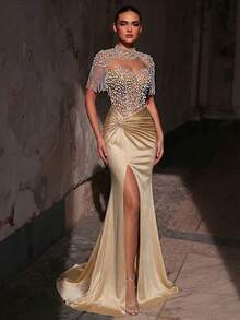 Glamrae 优雅奢华的串珠亮片花卉泡泡袖扭结开衩鱼尾连衣裙，适合婚礼、派对、度假、盛会、正式场合（装饰繁复）