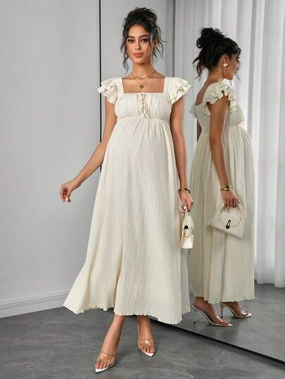 SHEIN 孕妇纯色方领系带短袖优雅连衣裙