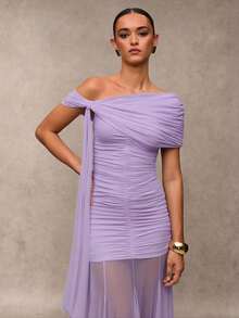 SHEIN BAE Đầm dạ hội thanh lịch dành cho nữ, cổ bất đối xứng, xếp ly, ôm sát, chất liệu lưới xuyên thấu, vạt đuôi cá. - Màu tím hoa cà - Xem 6