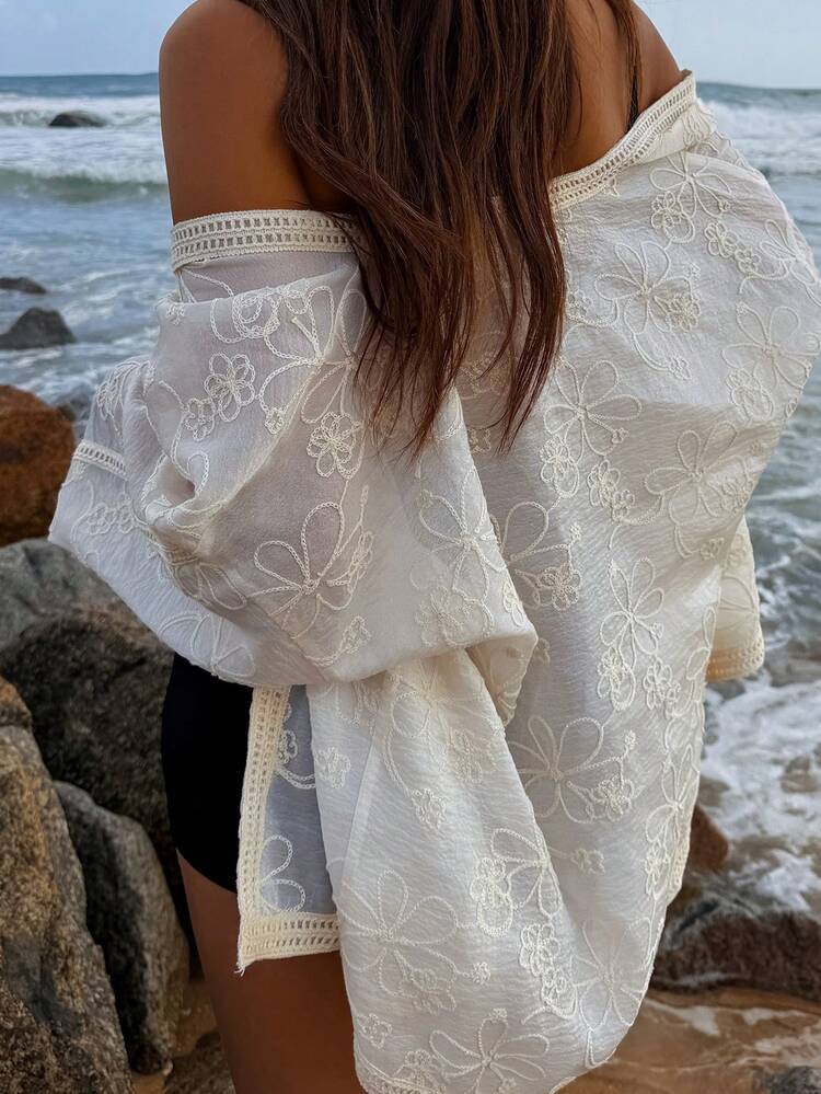 Women's Casual Floral Embroidery Sheer Shirt, Suitable For Spring, Summer, Autumn, Vacation