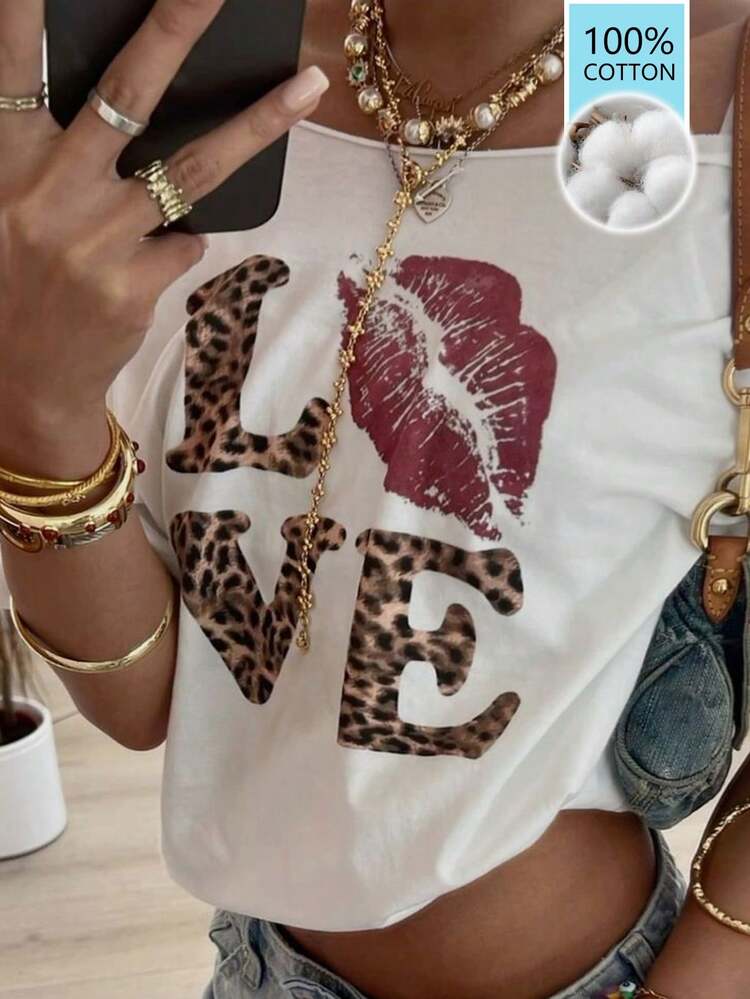 Women's Loose Casual Vacation Leopard Print T-Shirt, Suitable For Spring & Summer Graphic Tees Women