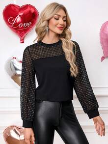 SHEIN Clasi Women's Elegant Commuter Patchwork Rhinestone Mesh T-Shirt Black Mesh Top - Black - View 6