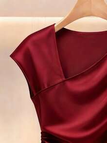 Franclia Women's Elegant Oblique Collar Fitted Zip-Up Waist Solid Red Valentine's Day Short Sleeve Versatile Blouse - Red - View 4