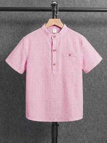 SHEIN 男童条纹印花短袖衬衫 - 粉色 - 查看 2