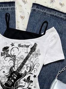 Attitoon Women's Casual Retro Contrast Color Short Sleeve T-Shirt, Guitar Music Festival Spring - White - View 3