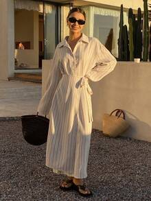 Livesso Spring & Summer Loose Business Casual Vacation Style Fashion Office Wear Street Textured Striped 2 In 1 Waist Tie Wrap Design Long Shirt Dress For Women - Beige - View 2