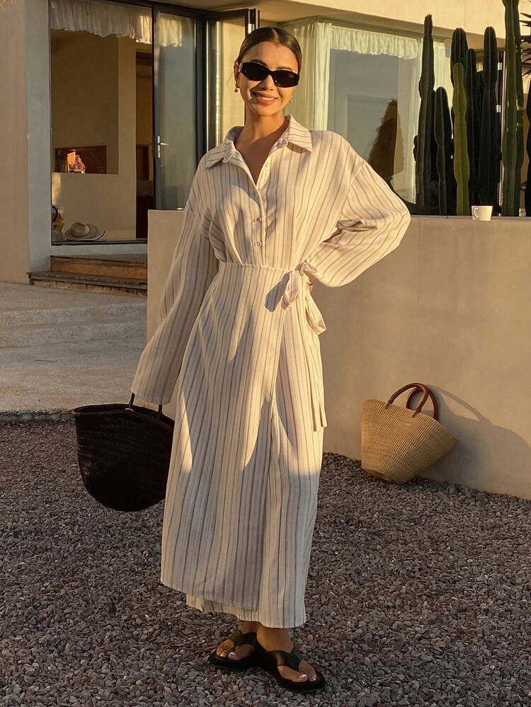 Women's Striped Print Twist Button Casual Long Sleeve Midi Dress Sun Dresses For Women