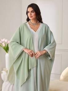 Al Najma Abito lungo casual da donna con scollo a V ricamato e orlo ondulato, stile arabo ampio - Verde - Visualizzare 6