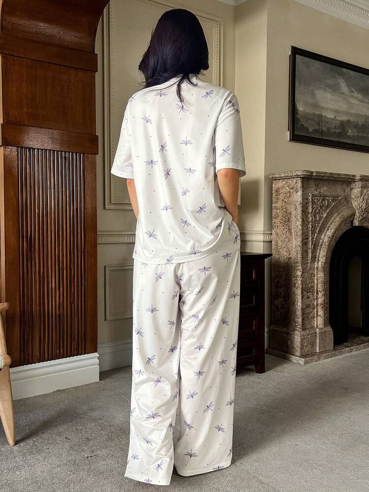 Women's Dragonfly Polka Dot Print Pajama Set