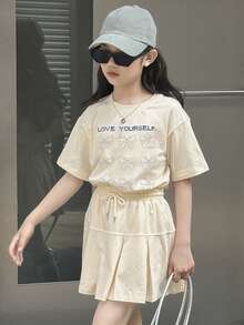 Dazy Kids Tween Girl Slogan Bow Print Round Neck Short Sleeve Casual T-Shirt And Pleated Mini Skirt Set - Apricot - View 6