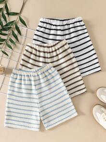 SHEIN Explorewe 3 Stücke Jungen Casual Wellige Gestreifte Texturierte Shorts, Elastischer Bund Locker Sitzende Shorts für Lässig, Pendeln, Sommerurlaub, vielseitig Neuankömmling - Verschiedenfarbig - Übersicht 2