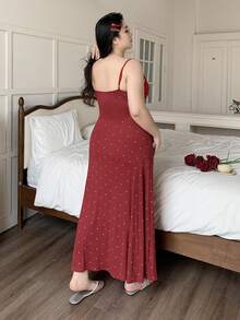Dazy Plus Plus Size Women Polka Dot Elastic Tight Fitting Sleepwear Dress With Elegant Bow Decor, Red - Burgundy - View 3