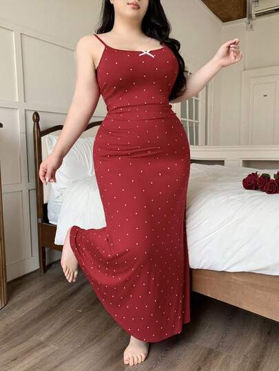 Dazy Plus Plus Size Women Polka Dot Elastic Tight Fitting Sleepwear Dress With Elegant Bow Decor, Red