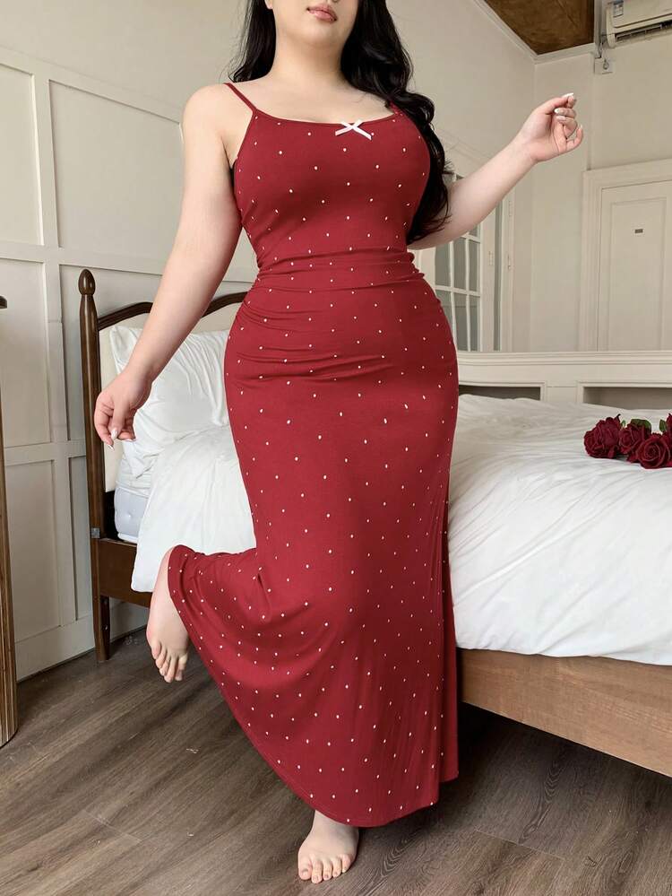 Dazy Plus 大码女式波点弹力紧身睡衣连衣裙，饰有优雅蝴蝶结，红色 - 酒紅色 - 查看 1